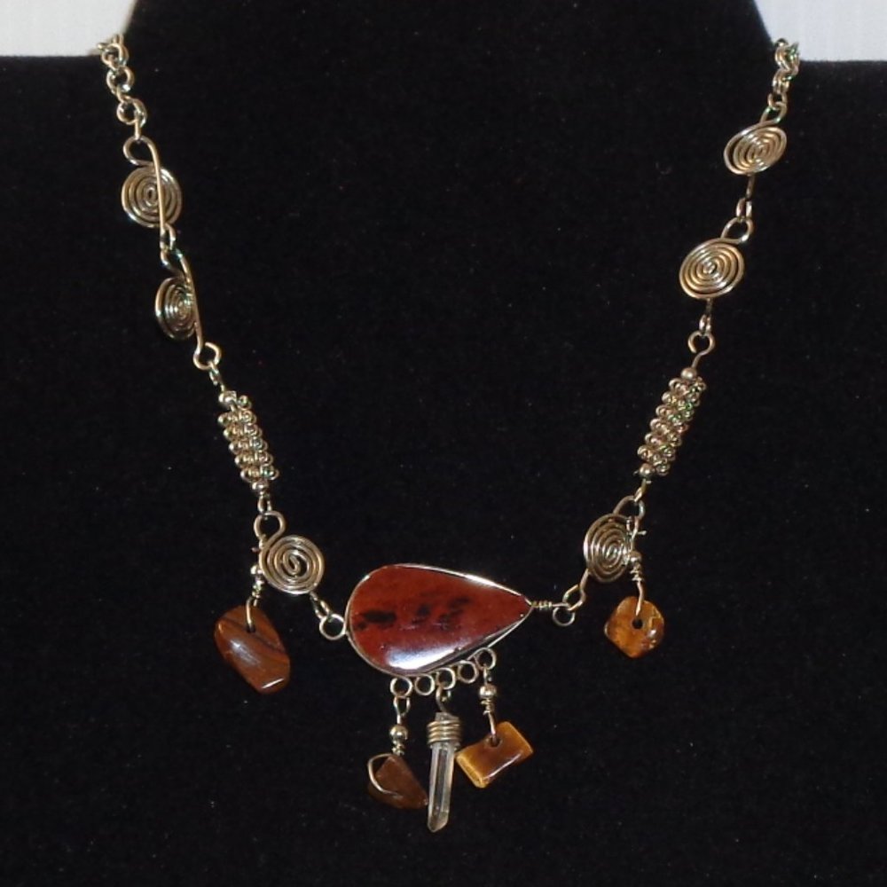 Brown STONES & CRYSTAL Ankle Bracelet Silvertone Swirls 10" Long